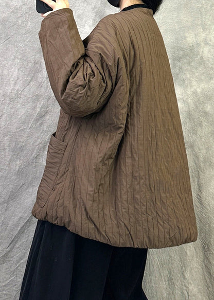 Coffee Pockets Fine Cotton Filled Jacket O Neck Button Winter