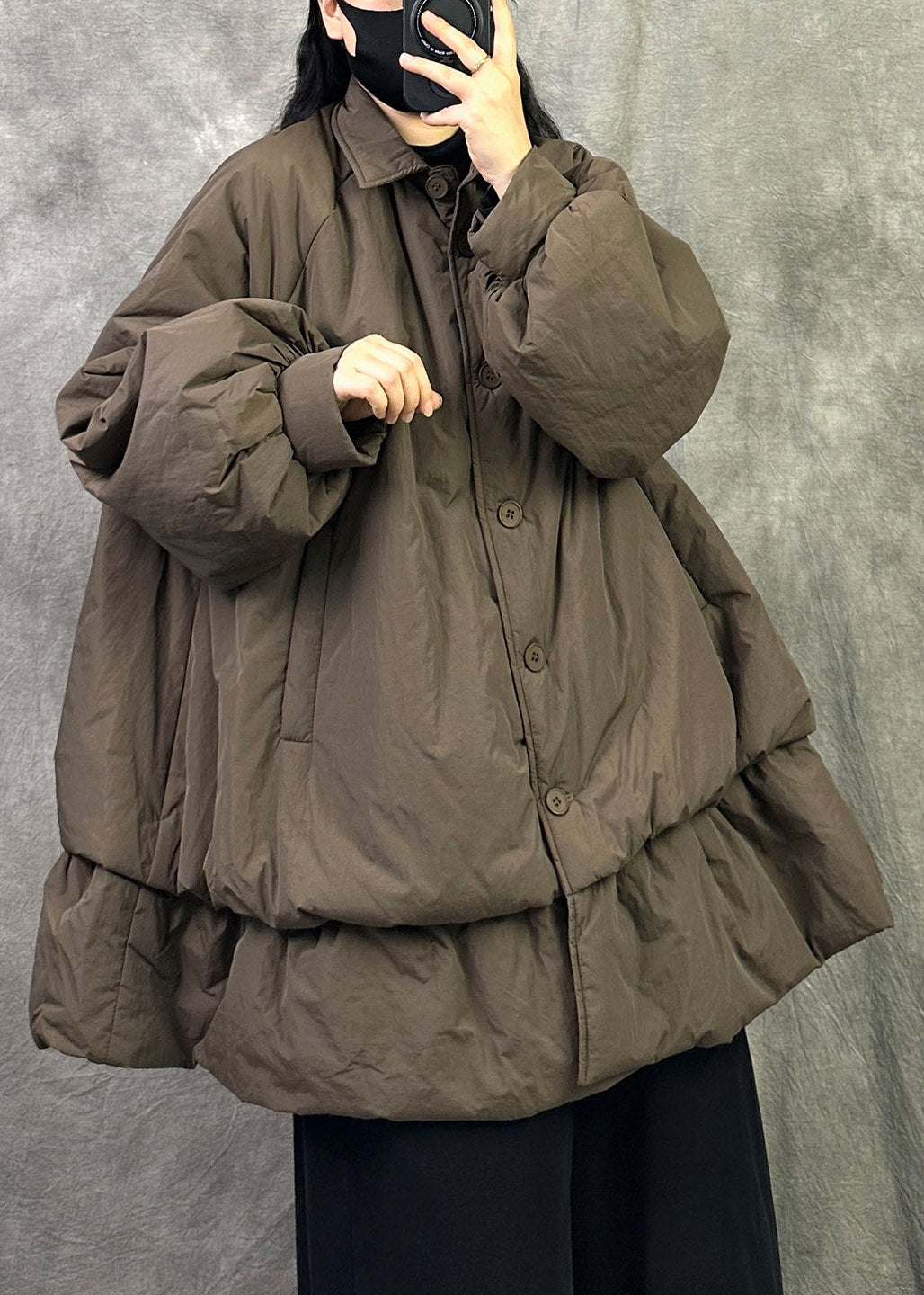Coffee Pockets Loose Cotton Filled Jacket Peter Pan Collar Button Winter