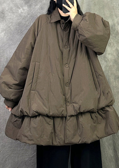 Coffee Pockets Loose Cotton Filled Jacket Peter Pan Collar Button Winter