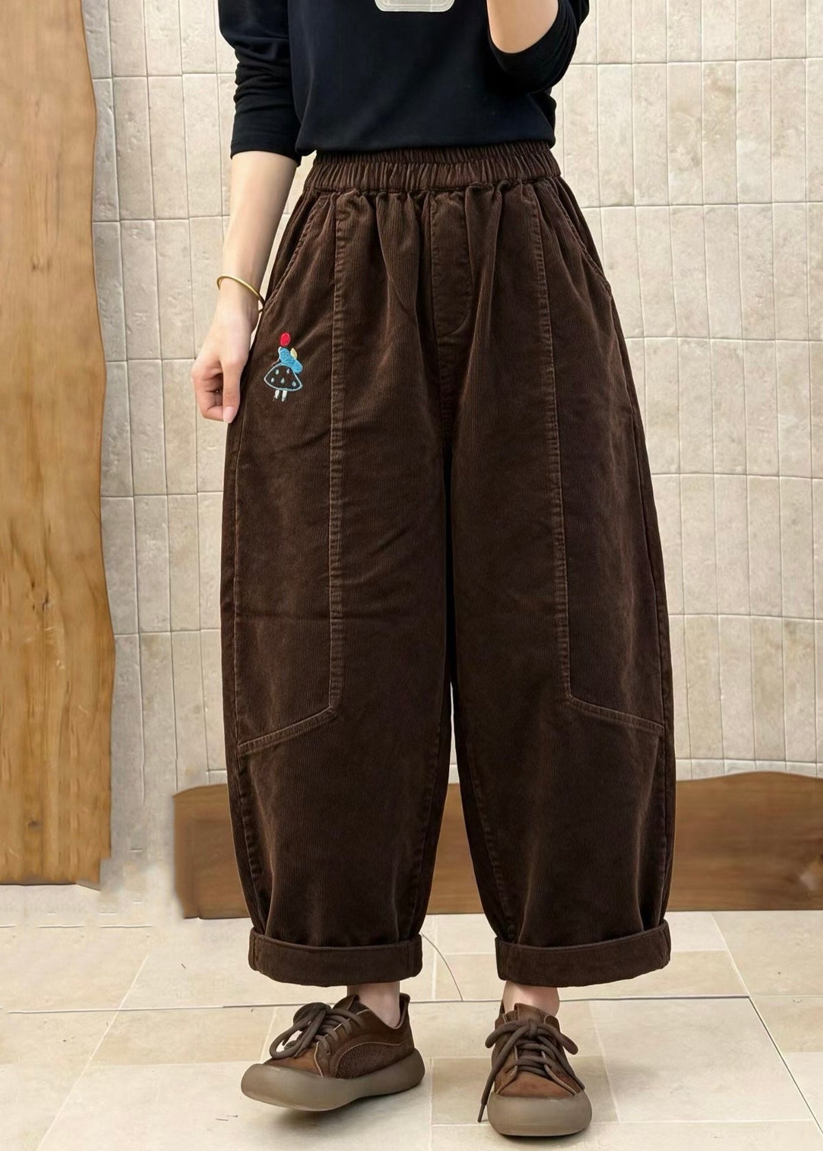 Coffee Pockets Patchwork Corduroy Pants Elastic Waist Fall
