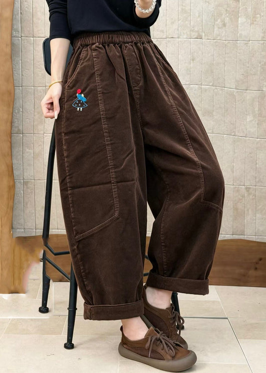 Coffee Pockets Patchwork Corduroy Pants Elastic Waist Fall