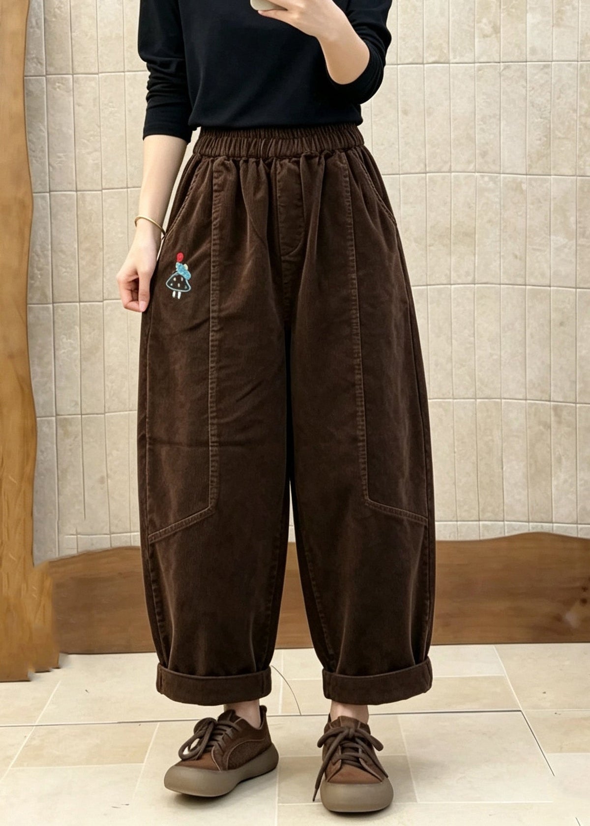 Coffee Pockets Patchwork Corduroy Pants Elastic Waist Fall