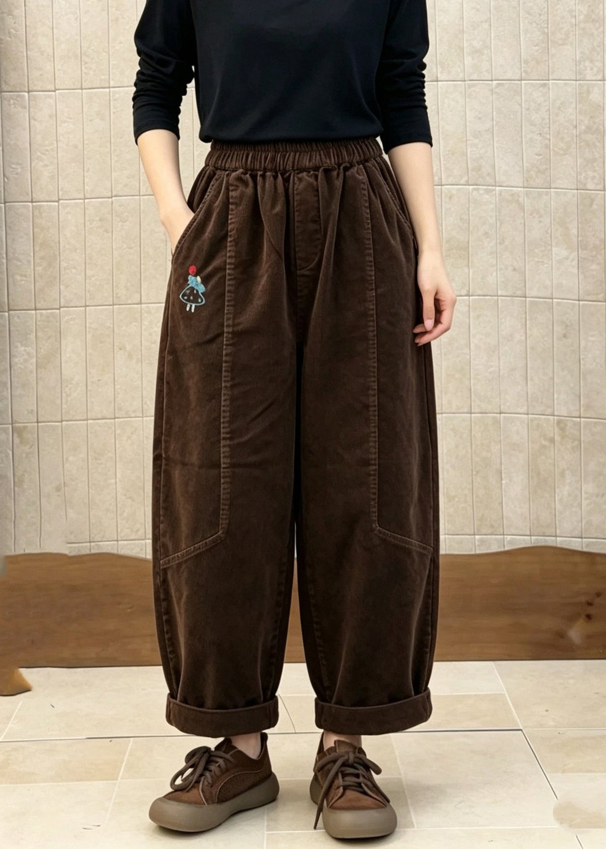 Coffee Pockets Patchwork Corduroy Pants Elastic Waist Fall