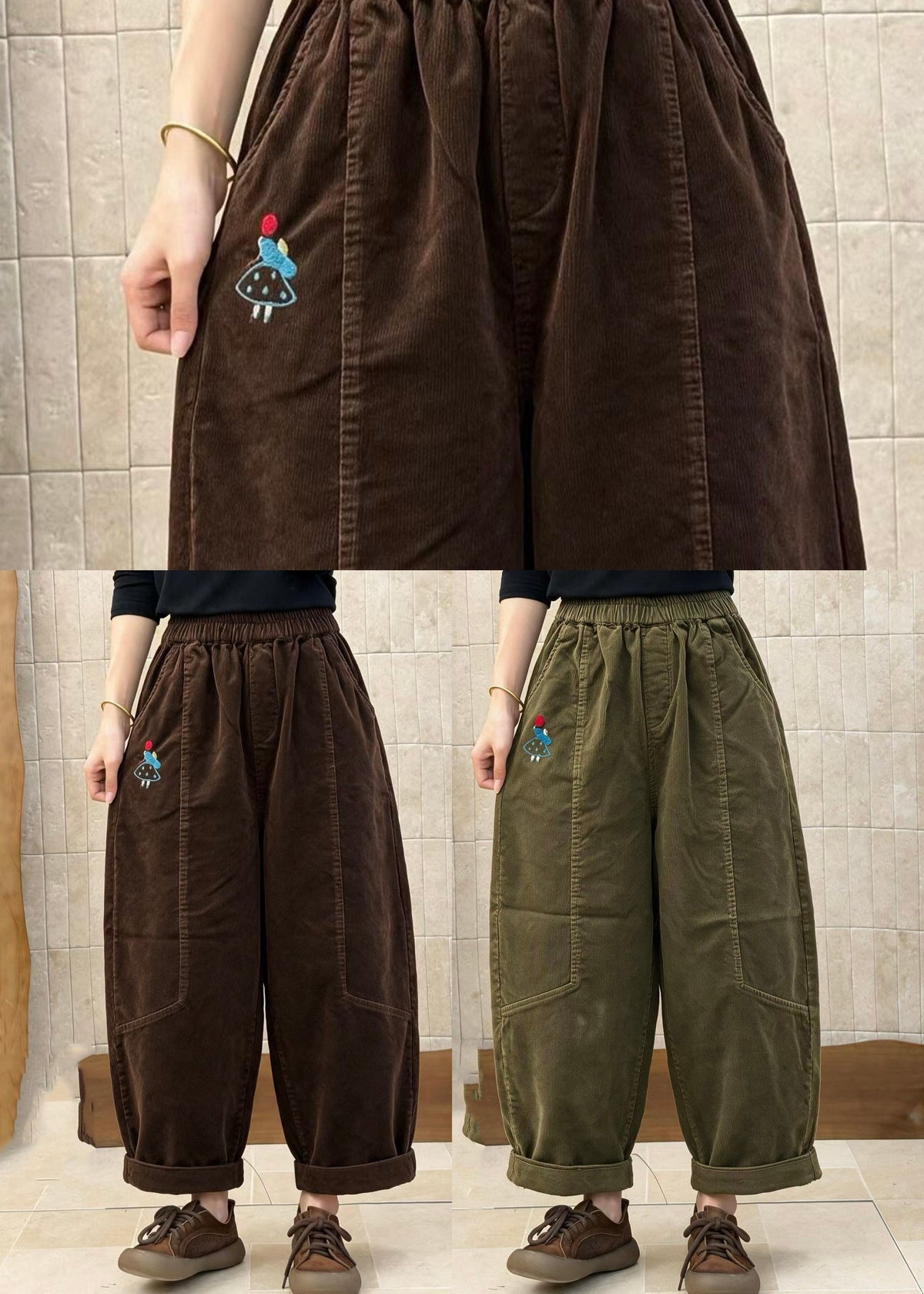 Coffee Pockets Patchwork Corduroy Pants Elastic Waist Fall