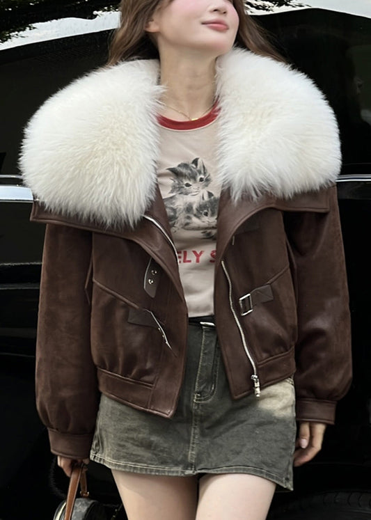 Coffee Pockets Patchwork Faux Suede Down Coat Fur Collar Winter