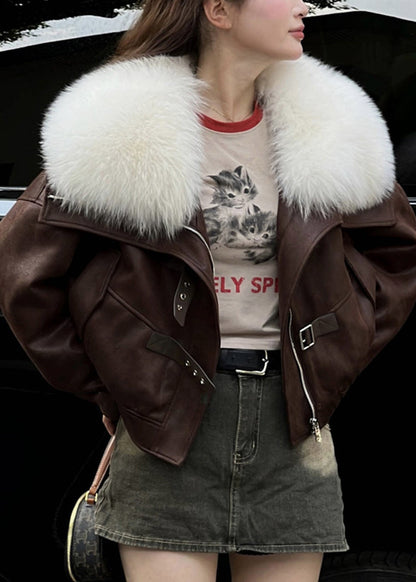 Coffee Pockets Patchwork Faux Suede Down Coat Fur Collar Winter