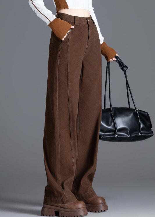 Coffee Pockets Solid Denim Pants High Waist Spring