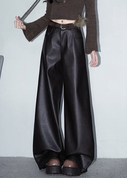 Coffee Pockets Solid Faux Leather Pants High Waist