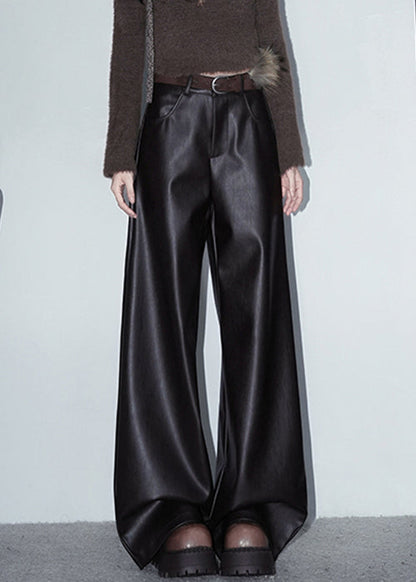 Coffee Pockets Solid Faux Leather Pants High Waist