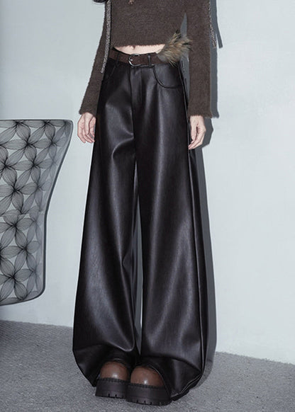 Coffee Pockets Solid Faux Leather Pants High Waist