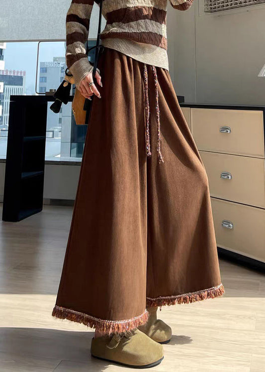 Coffee Pockets Tasseled Corduroy Wide Leg Pants Elastic Waist