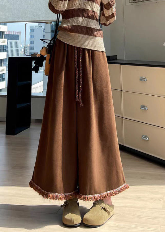 Coffee Pockets Tasseled Corduroy Wide Leg Pants Elastic Waist