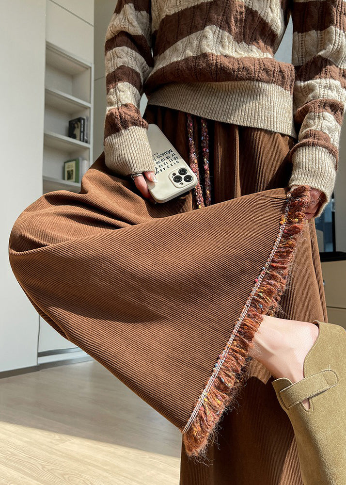 Coffee Pockets Tasseled Corduroy Wide Leg Pants Elastic Waist