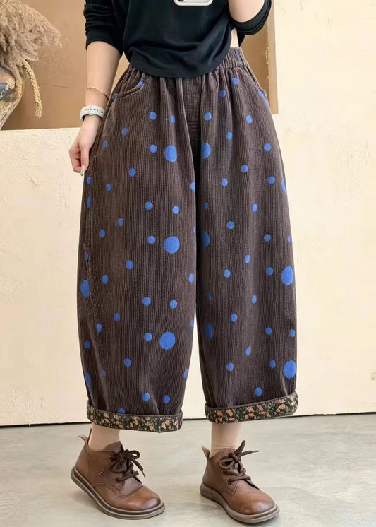 Coffee Polka Dot Print Corduroy Crop Pants Cuffed Fall