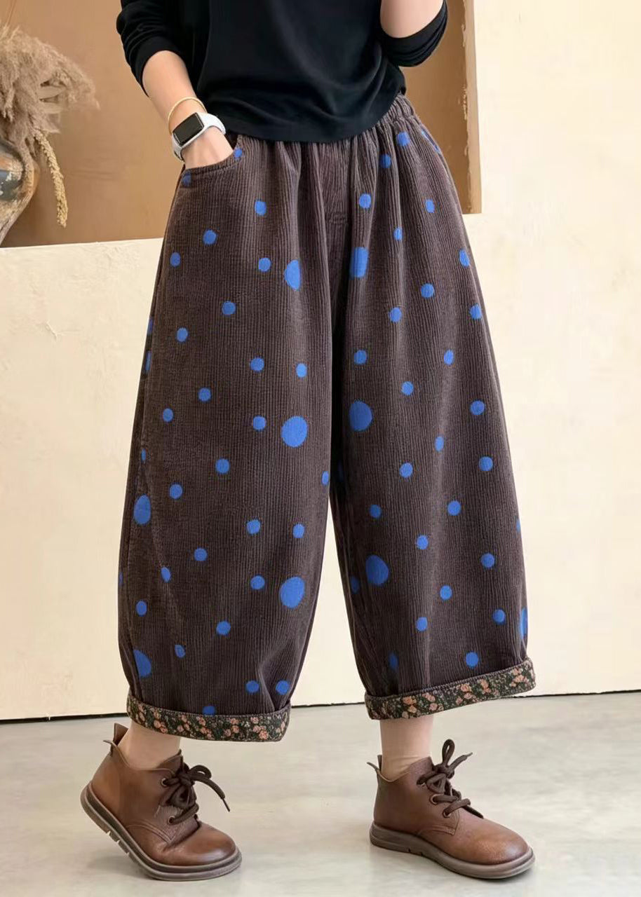 Coffee Polka Dot Print Corduroy Crop Pants Cuffed Fall