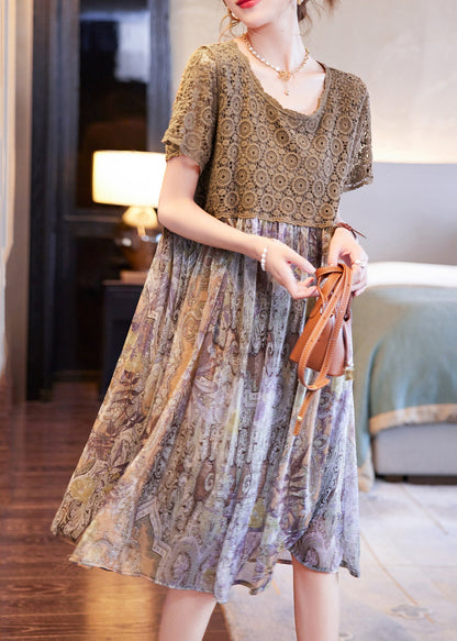 Coffee Print Chiffon Patchwork Summer Dress Hollow Out