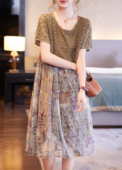 Coffee Print Chiffon Patchwork Summer Dress Hollow Out