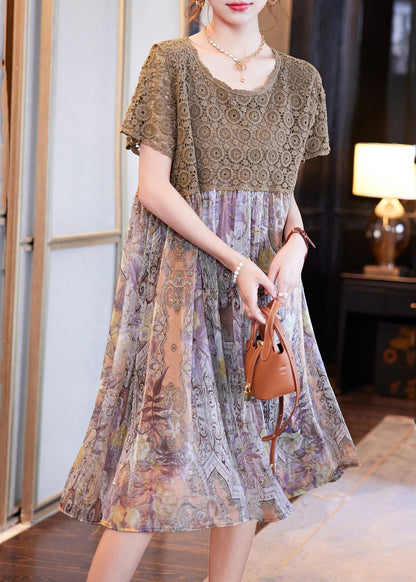 Coffee Print Chiffon Patchwork Summer Dress Hollow Out