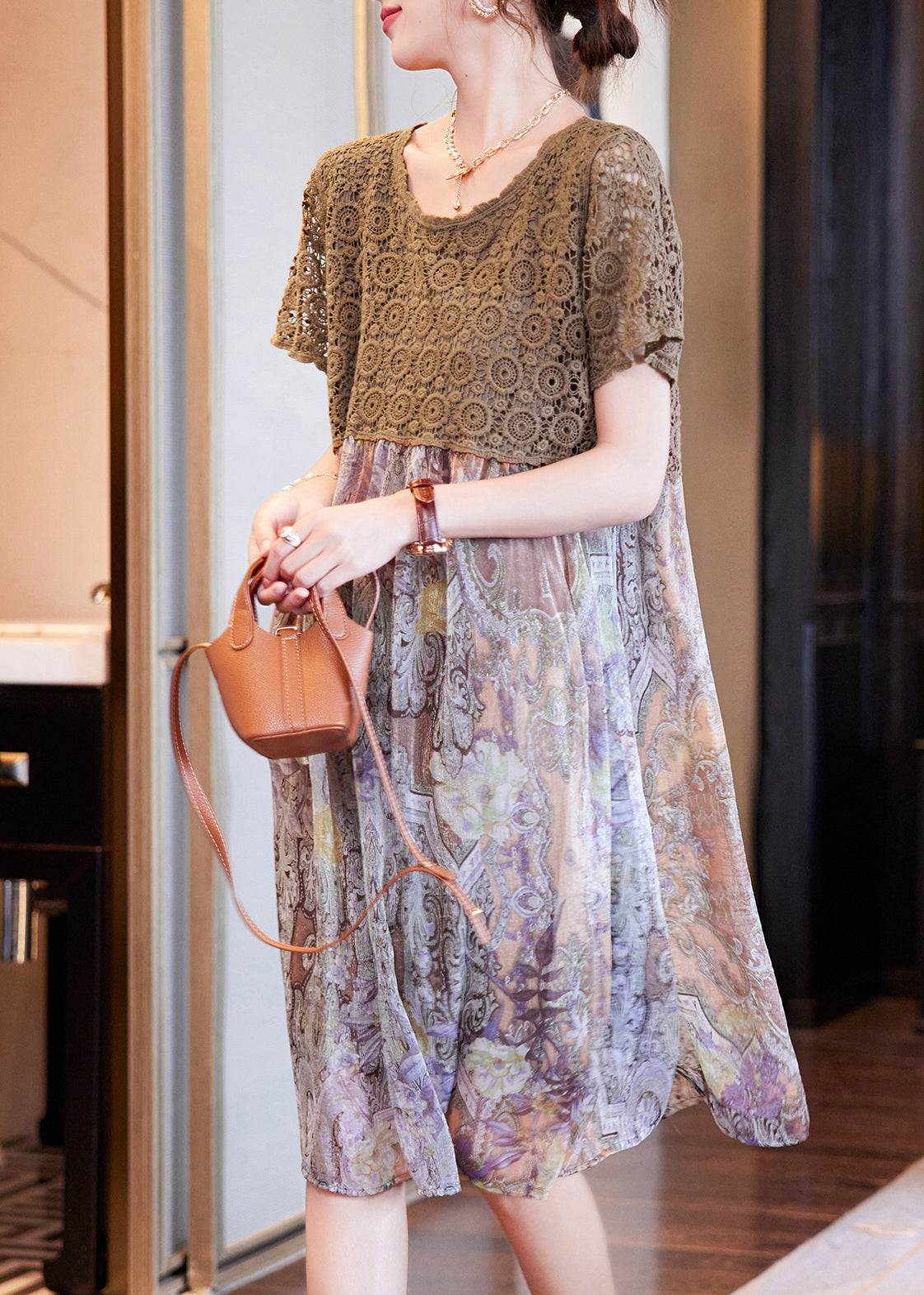 Coffee Print Chiffon Patchwork Summer Dress Hollow Out