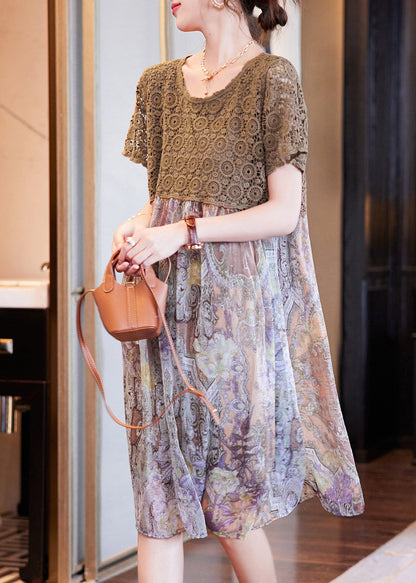 Coffee Print Chiffon Patchwork Summer Dress Hollow Out