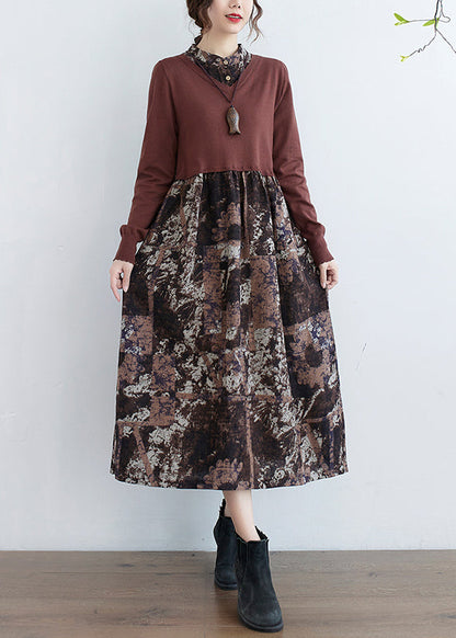 Chocolate Print Fake Two Pieces Vacation Dresses Pocket Long Sleeve