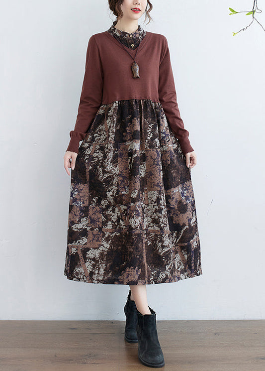 Chocolate Print Fake Two Pieces Vacation Dresses Pocket Long Sleeve