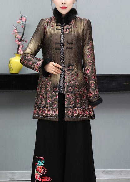 Coffee Print Fine Cotton Filled Coat Fur Collar Button Long Sleeve