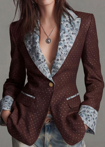Coffee Print Patchwork Cotton Suit Coat Peter Pan Collar Fall