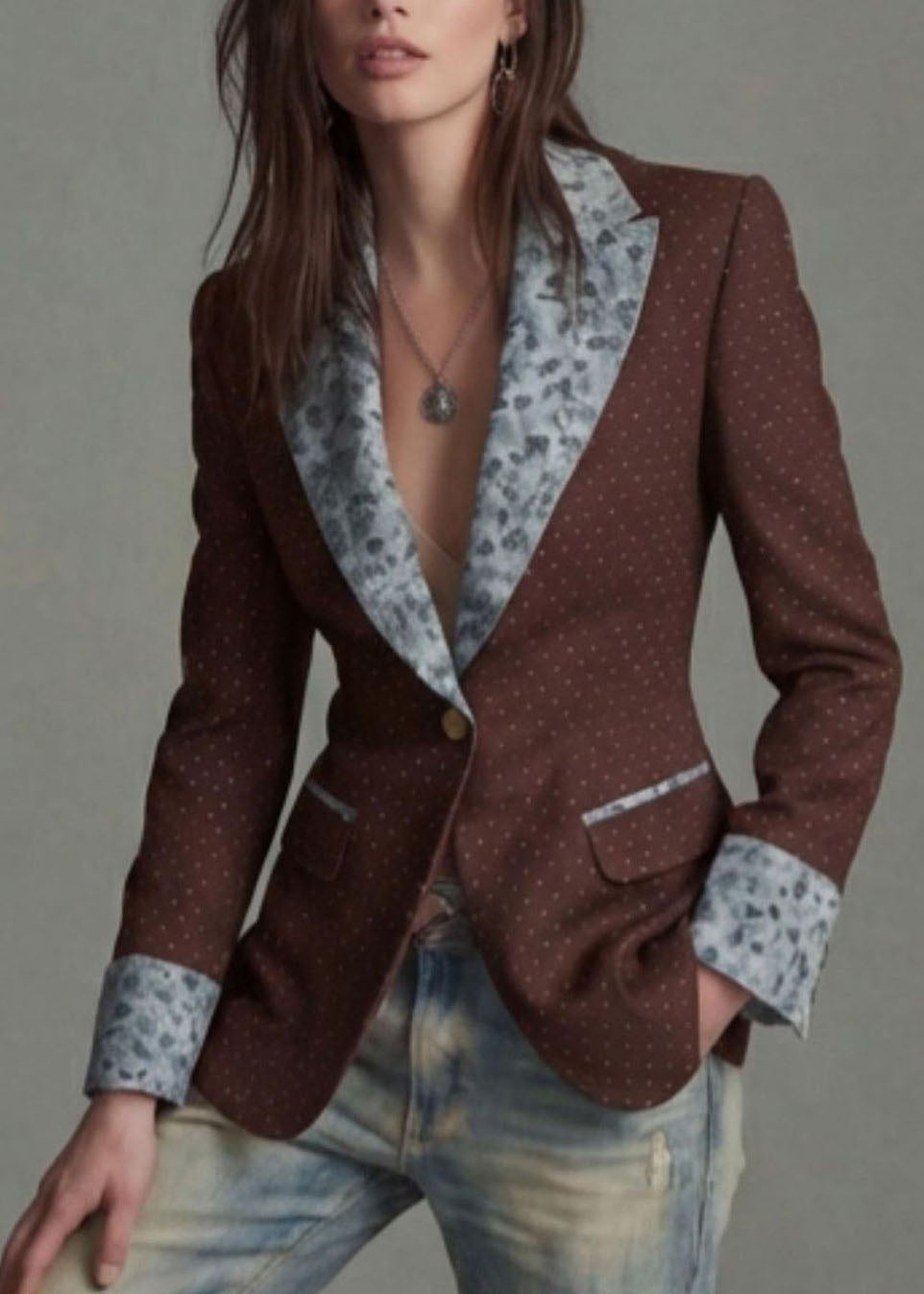 Coffee Print Patchwork Cotton Suit Coat Peter Pan Collar Fall