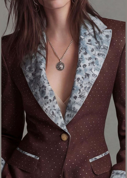 Coffee Print Patchwork Cotton Suit Coat Peter Pan Collar Fall