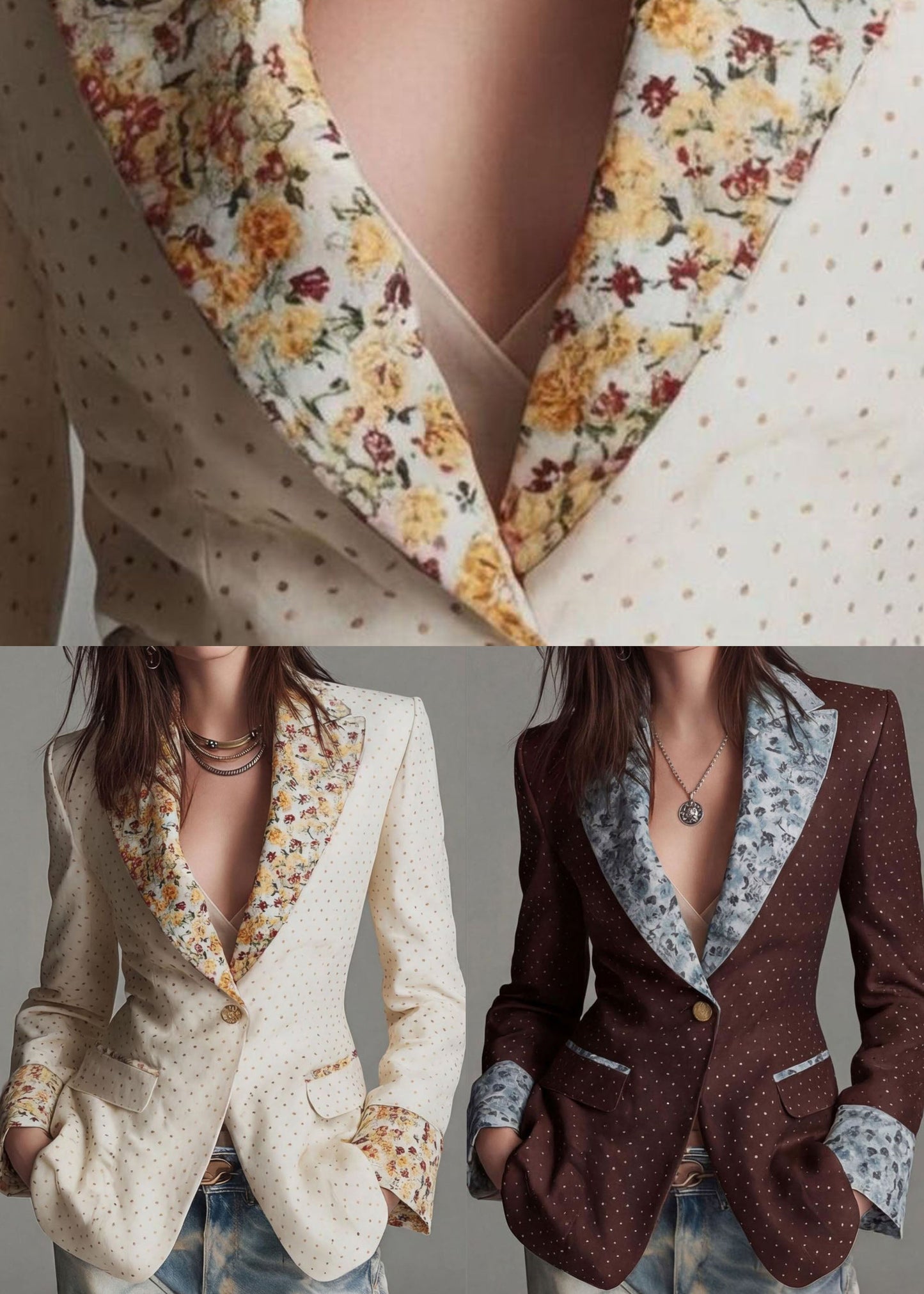 Coffee Print Patchwork Cotton Suit Coat Peter Pan Collar Fall