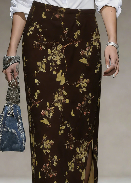 Coffee Print Side Open Silk Velvet Skirts High Waist