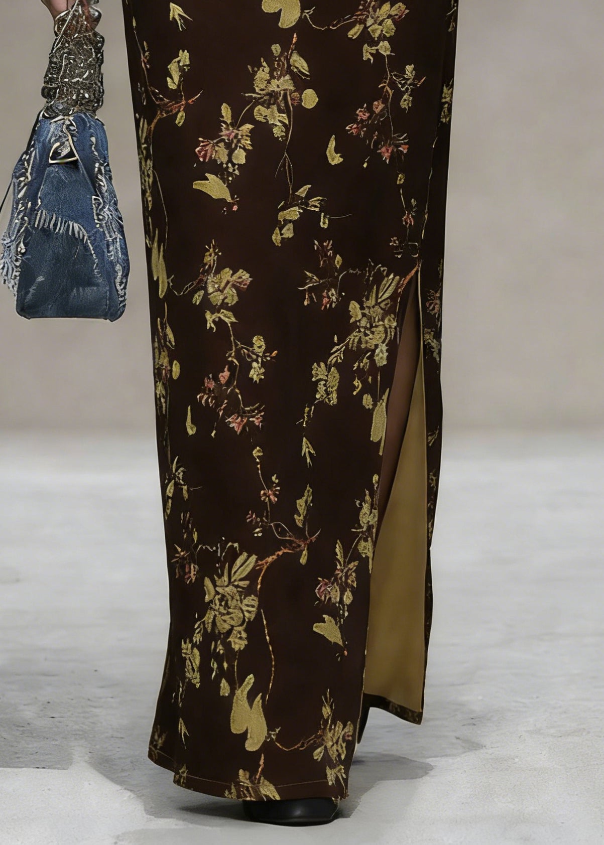 Coffee Print Side Open Silk Velvet Skirts High Waist