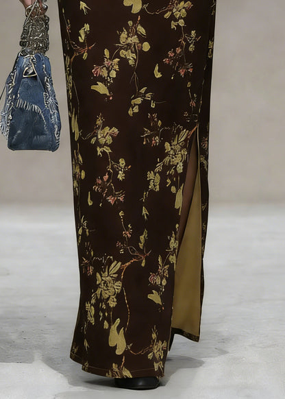 Coffee Print Side Open Silk Velvet Skirts High Waist