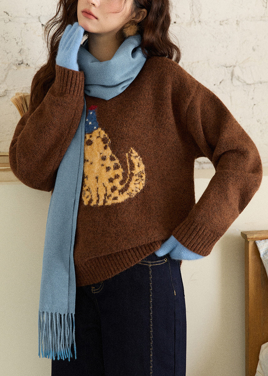 Coffee Puppy Cozy Knit Winter Sweaters O Neck