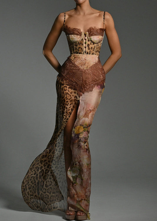 Coffee Side Open Lace Patchwork Chiffon Sleeveless Spaghetti Strap Dress