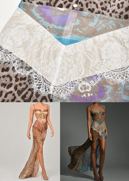 Coffee Side Open Lace Patchwork Chiffon Sleeveless Spaghetti Strap Dress