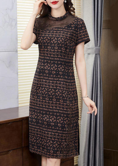 Coffee Side Open Silk Dresses Peter Pan Collar Short Sleeve