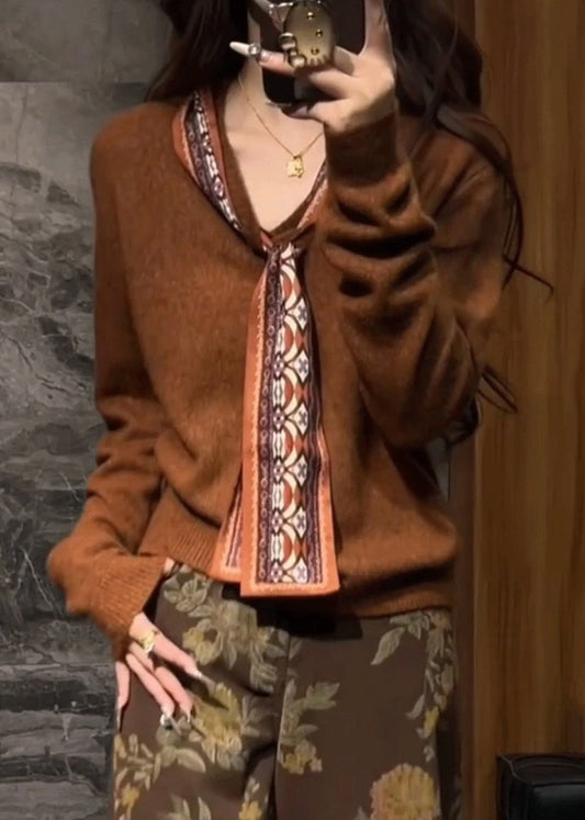 Coffee Silk Scarf Patchwork Knit Sweaters V Neck