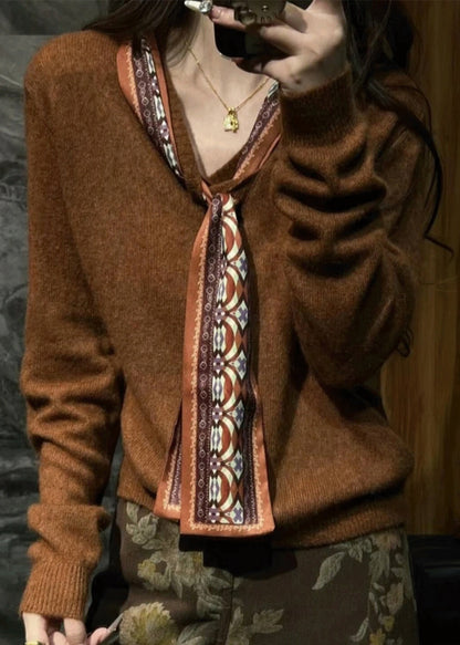 Coffee Silk Scarf Patchwork Knit Sweaters V Neck