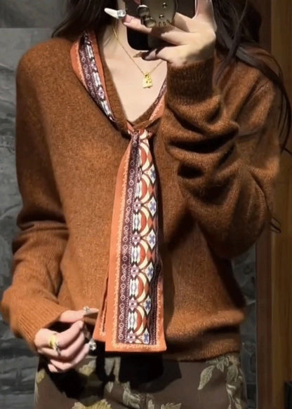 Coffee Silk Scarf Patchwork Knit Sweaters V Neck