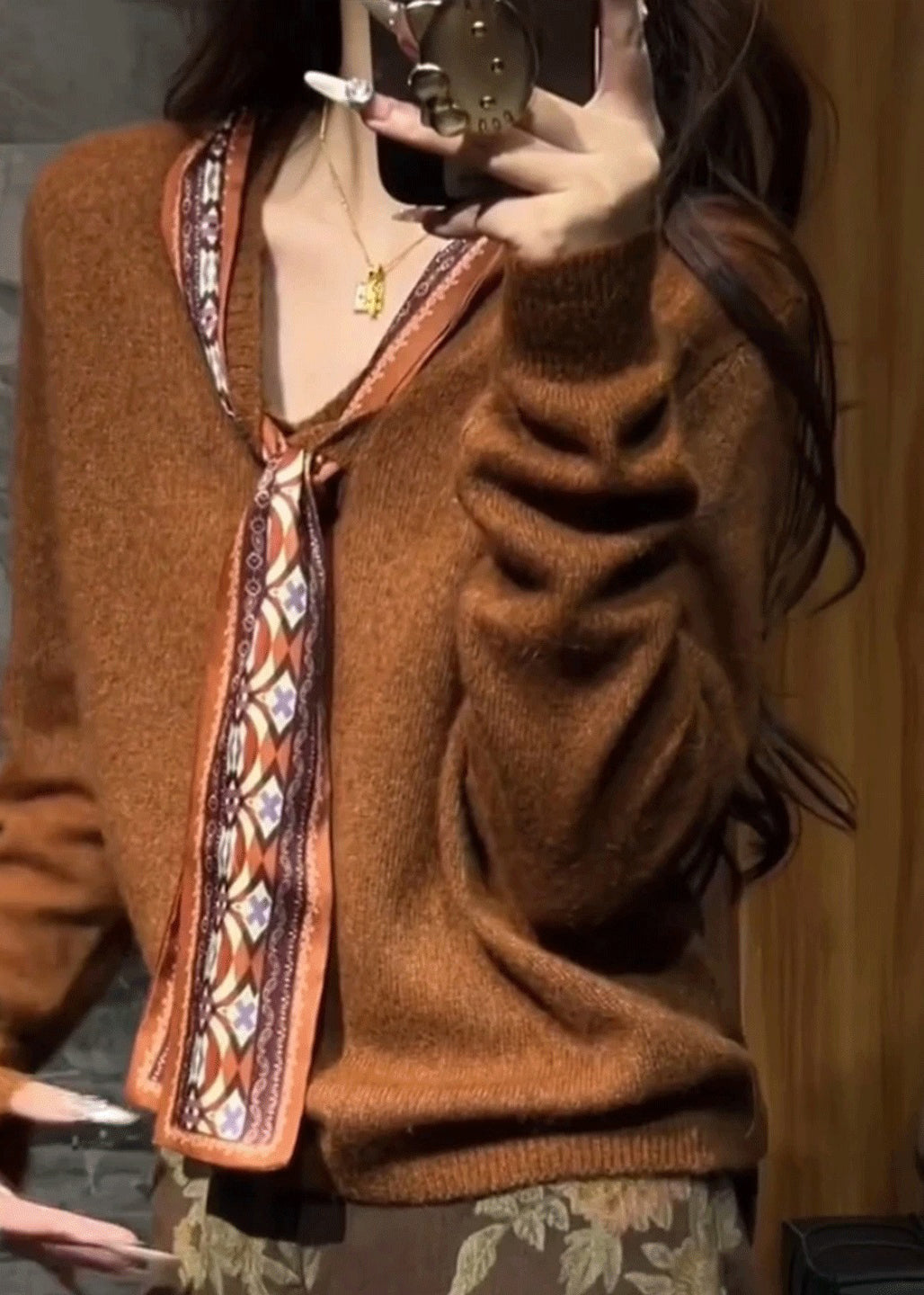 Coffee Silk Scarf Patchwork Knit Sweaters V Neck