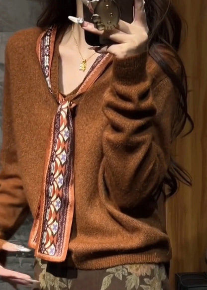 Coffee Silk Scarf Patchwork Knit Sweaters V Neck