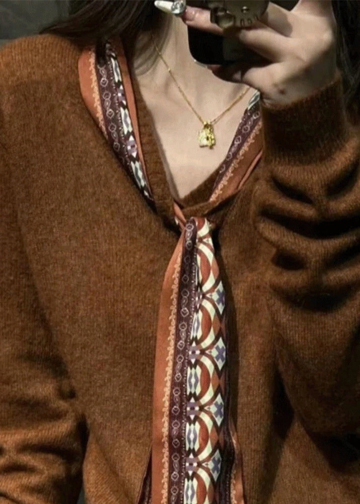 Coffee Silk Scarf Patchwork Knit Sweaters V Neck