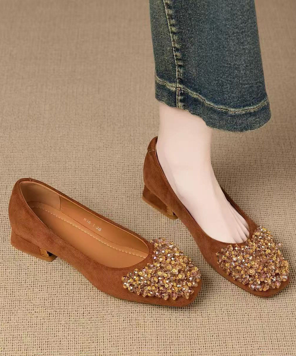 Coffee Splicing Classy Chunky Shoes Zircon Square Toe