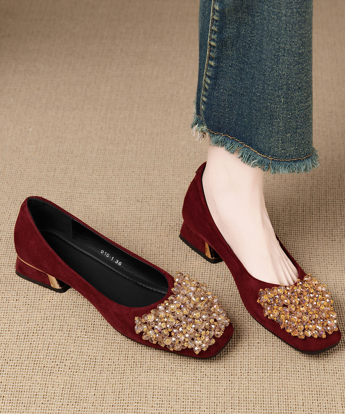Coffee Splicing Classy Chunky Shoes Zircon Square Toe