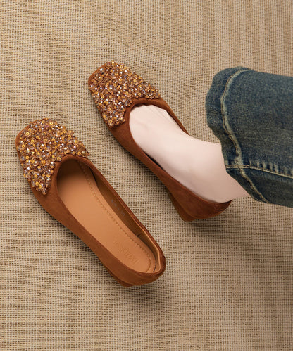 Coffee Splicing Classy Chunky Shoes Zircon Square Toe