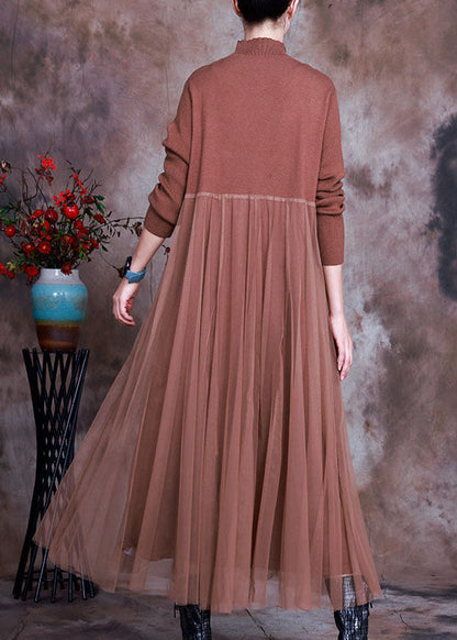 Chocolate Stand Collar Knit Dress Asymmetrical Spring
