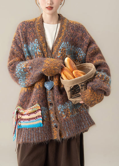 Coffee Striped Button Cozy Patchwork Knit Coat V Neck