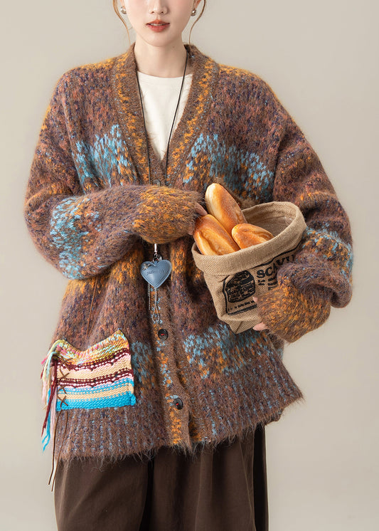 Coffee Striped Button Cozy Patchwork Knit Coat V Neck